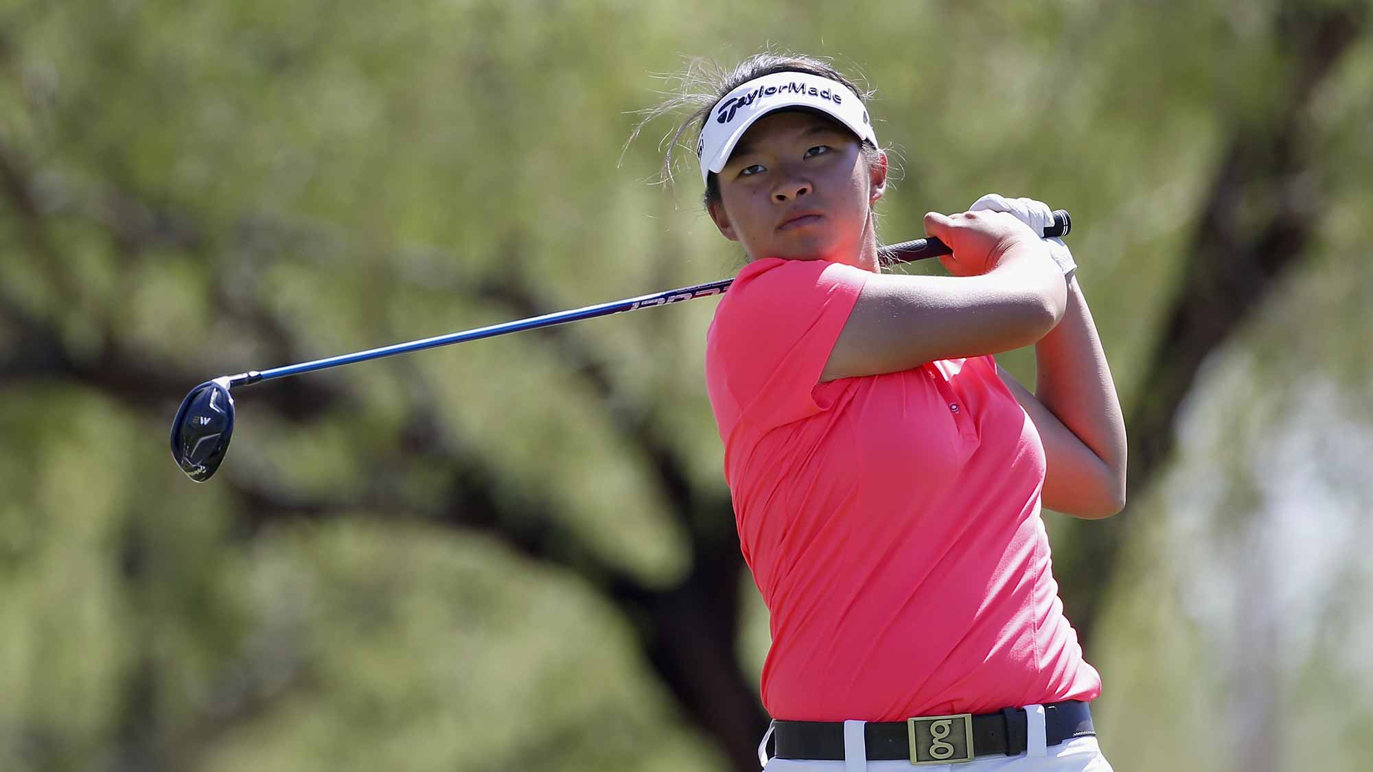 Megan Khang tees off on the third hole during the final round of the LPGA JTBC Founders Cup at Wildfire Golf Club