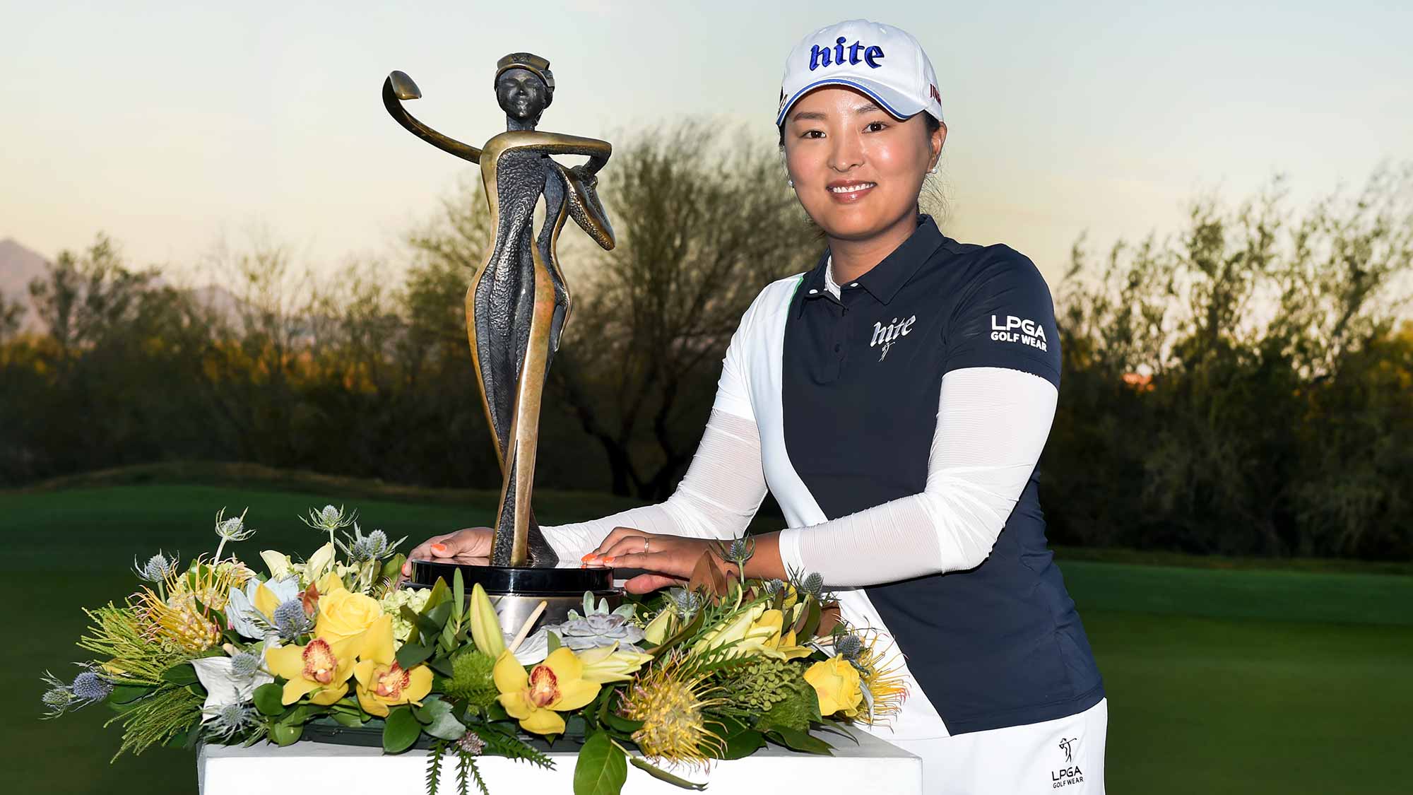 Jin Young Ko of South Korea poses with the trophy after winning the Bank Of Hope Founders Cup at the Wildfire Golf Club on March 24, 2019 in Phoenix, Arizona
