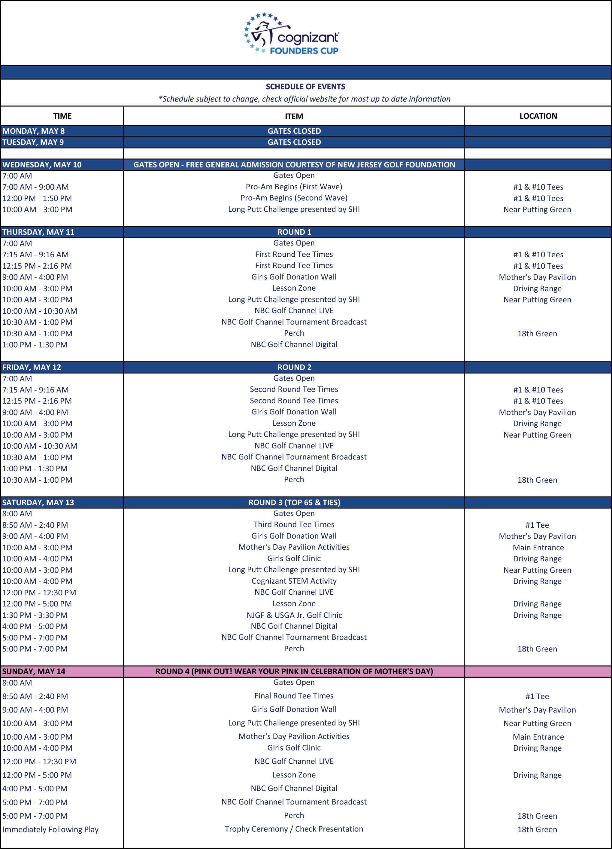 Schedule of Events Cognizant Founders Cup